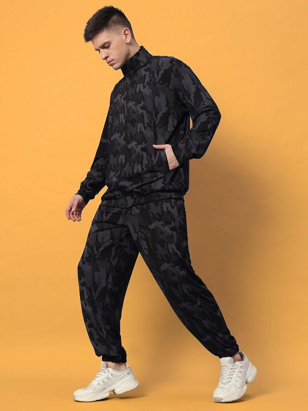 Model wearing DEFENCE CO-ORD SETS CAMOUFLAGE NAVY showcasing the stylish camo navy print in a comfortable, activewear ensemble.