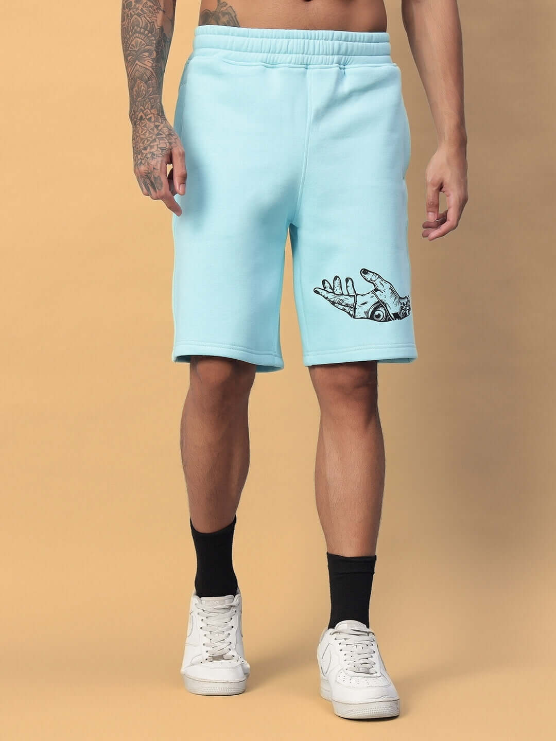 WEARDUDS DEMON FLEECE SHORTS SKY BLUE displayed on model, customizable fit option available for personalized sizing.