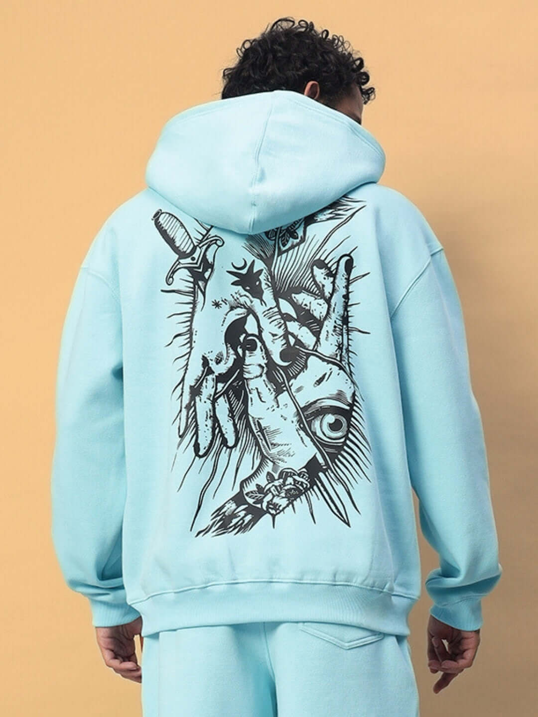 Back view of WEARDUDS DEMON FLEECE HOODIE SKY BLUE with artistic design, showcasing unique custom artwork on the hoodie.