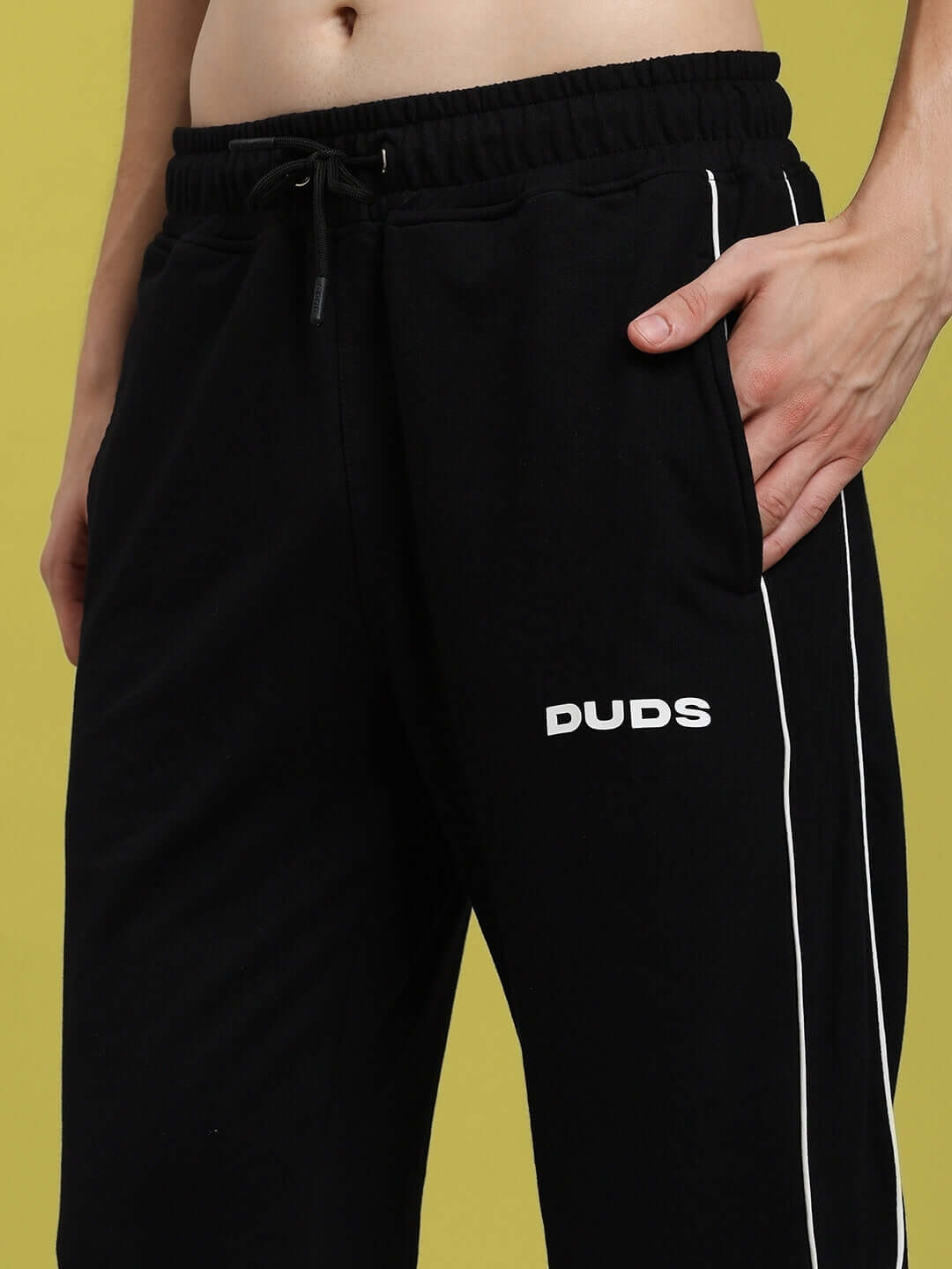 DENVER RELAXED FIT JOGGERS BLACK shown with side stripes and logo detail