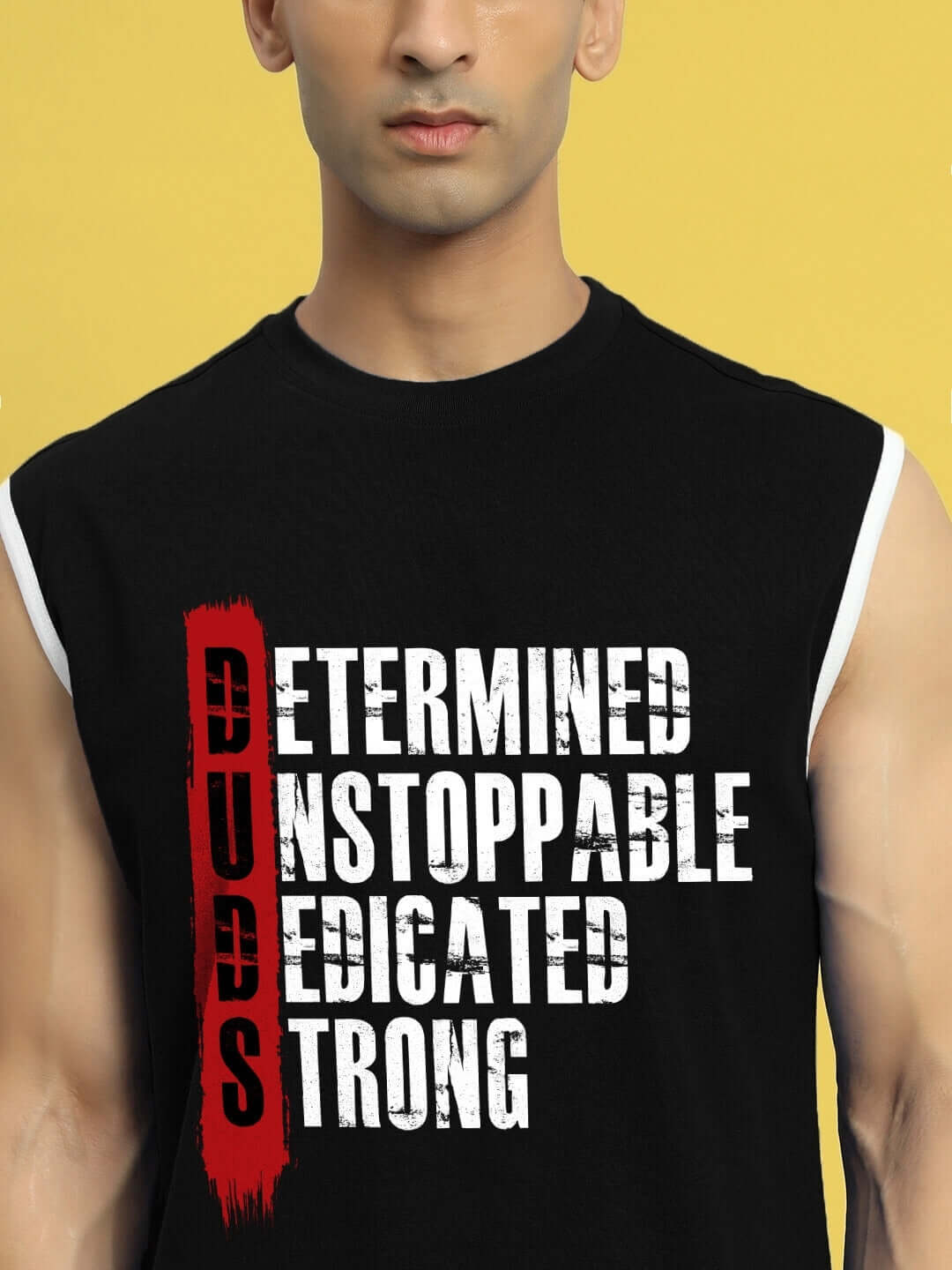 Man wearing DETERMINED PRINT GYM T-SHIRT BLACK from DUDS brand showing custom fit option.
