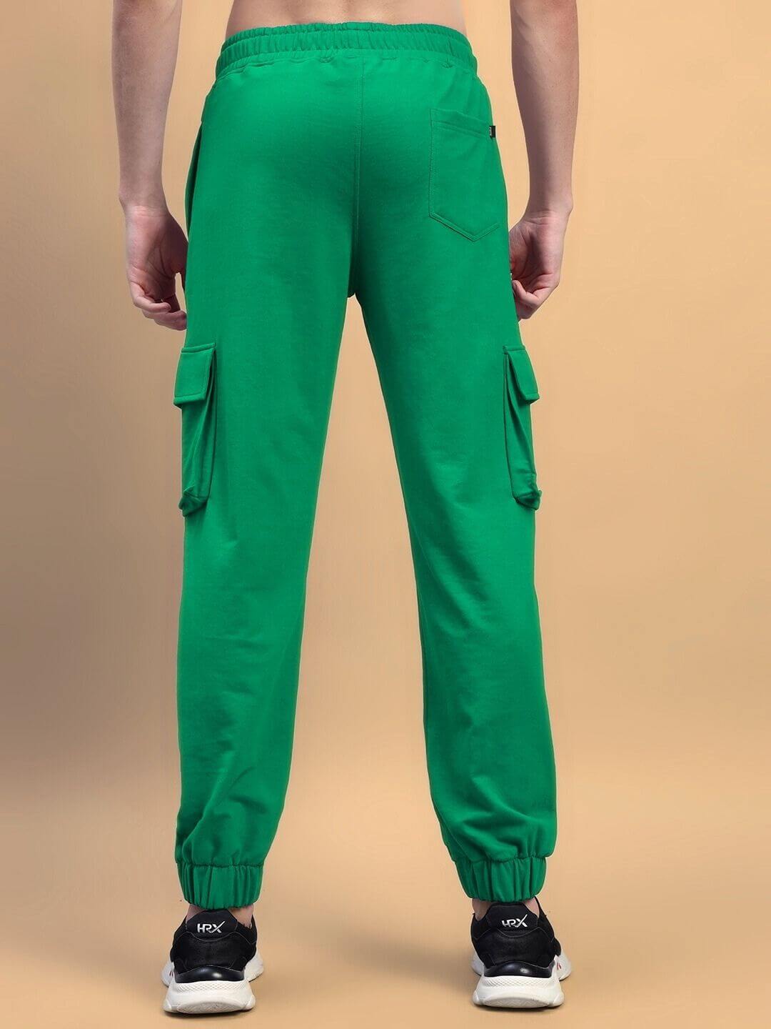Back view of DEVENO RELAXED-FIT JOGGERS GREEN with cargo pockets and elastic cuffs