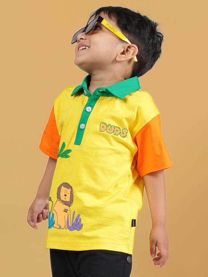DIBRU OVERSIZED T-SHIRT FOR BOYS & GIRLS YELLOW with lion graphic and green detailing.
