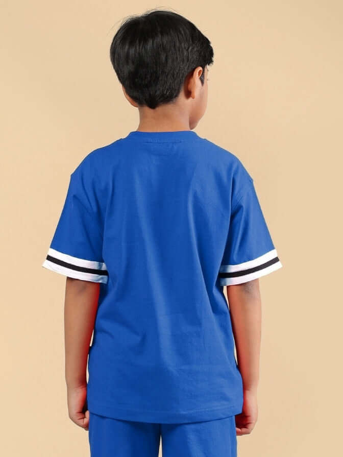 DIGGIN OVERSIZED T-SHIRT FOR BOYS & GIRLS BLUE, back view showing striped sleeves, ideal for casual wear, customizable fit available