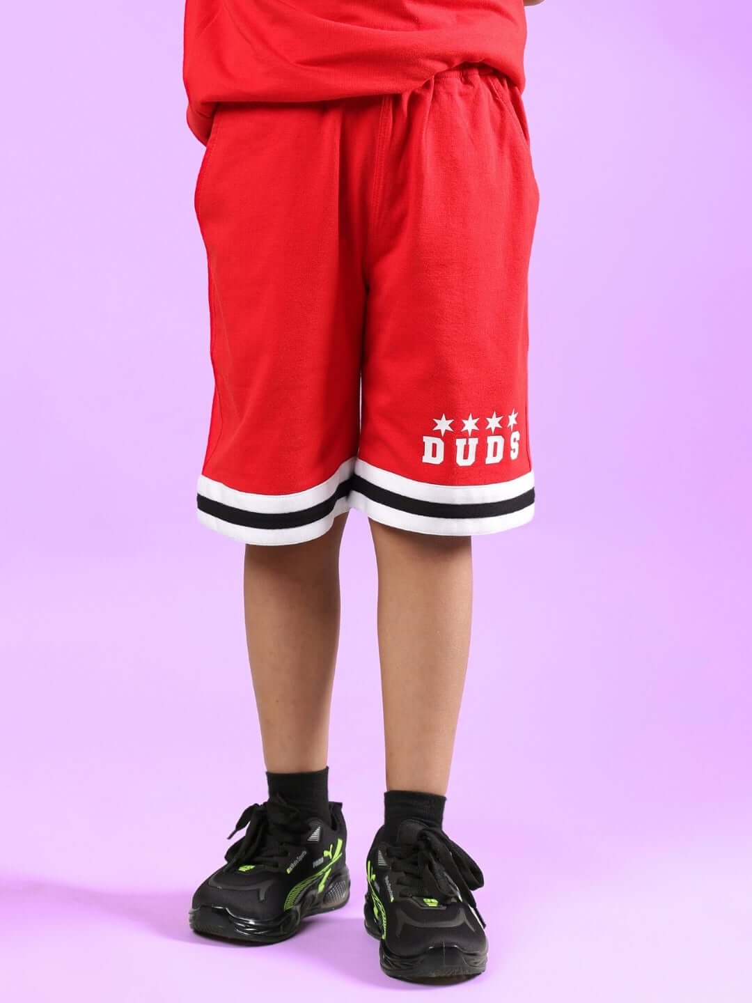 DIGGIN SHORTS FOR BOYS & GIRLS RED by DUDS, custom fit option available for personalized size, shown in red with black and white accents.