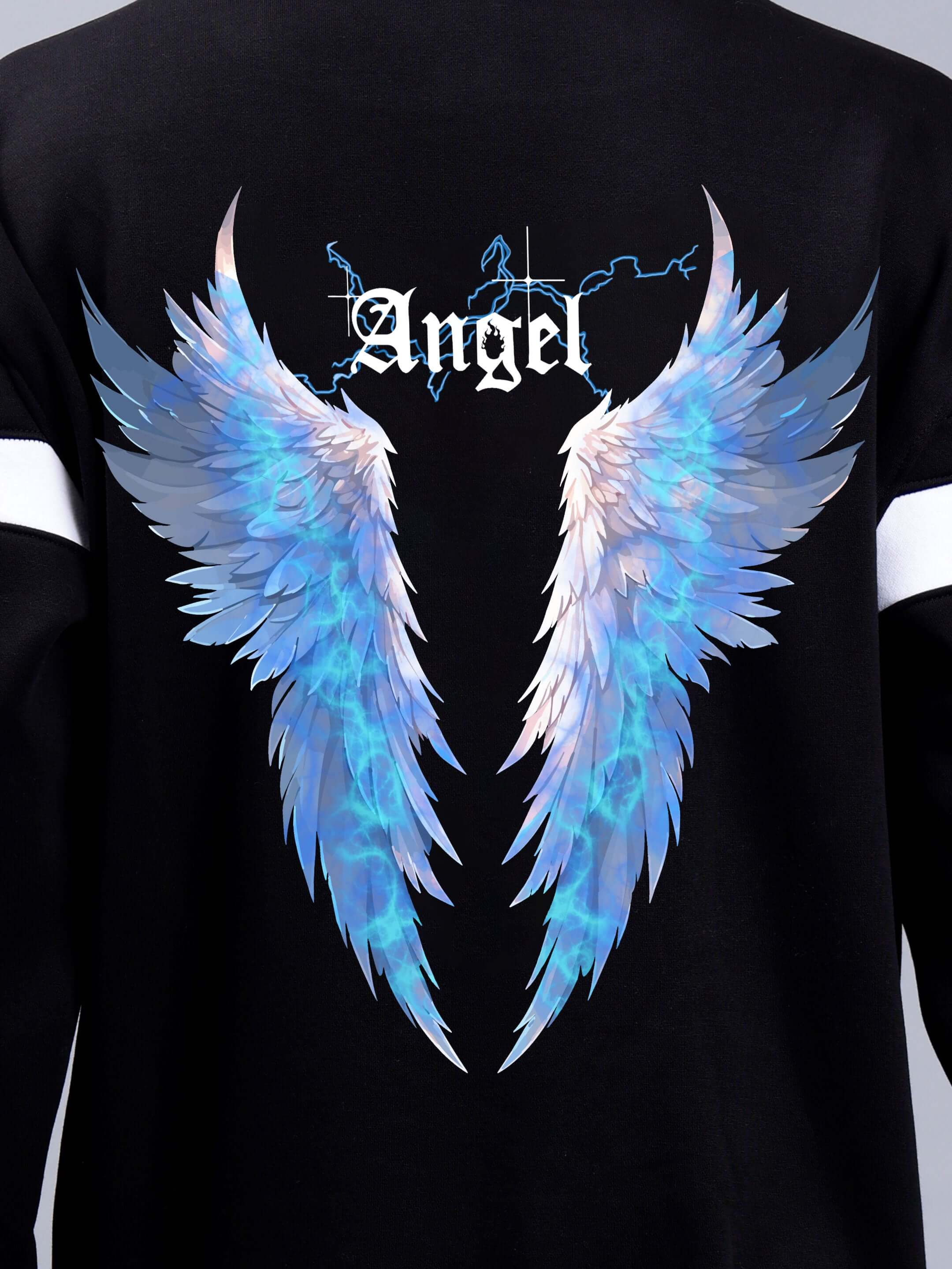 Black hoodie featuring blue angel wings and 'Angel' text design on the back, part of the Divine Spirit colorblock collection.
