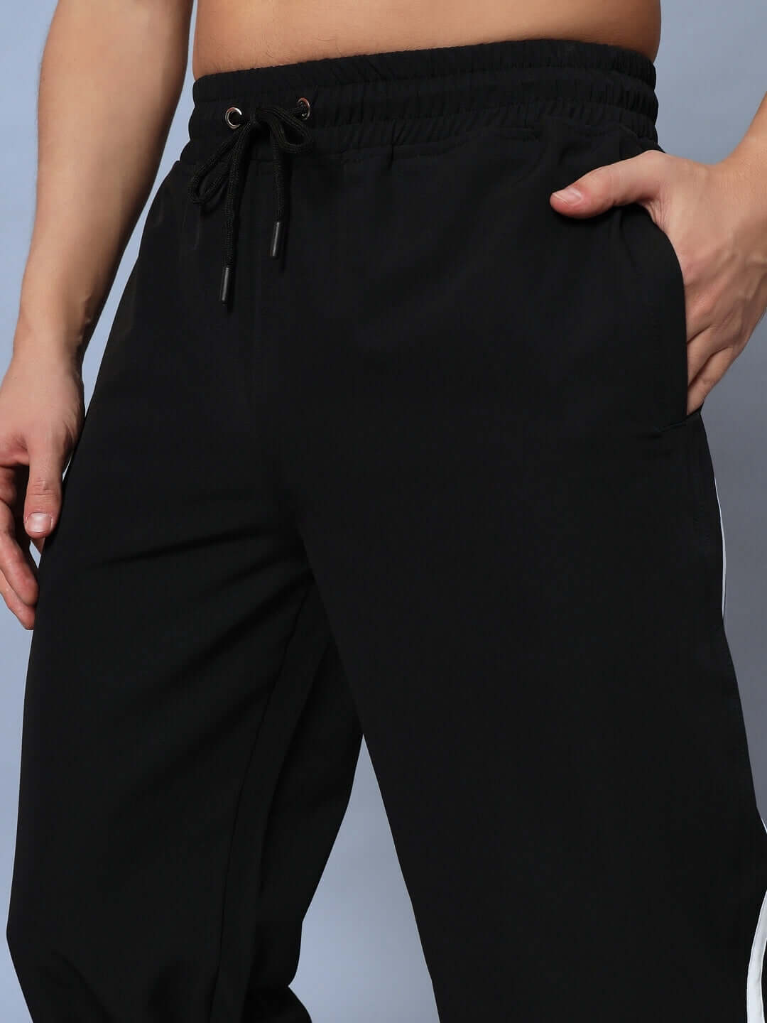 Close-up of Dobbin Relaxed Fit Black Jogger with customizable size, features elastic waist and pockets, designed for comfort.