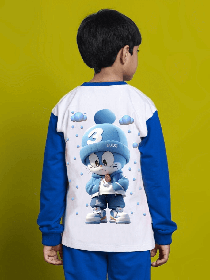DORAEMON SWEATSHIRT FOR BOYS GIRLS WHITE BLUE featuring cartoon print, worn by child, against green background.