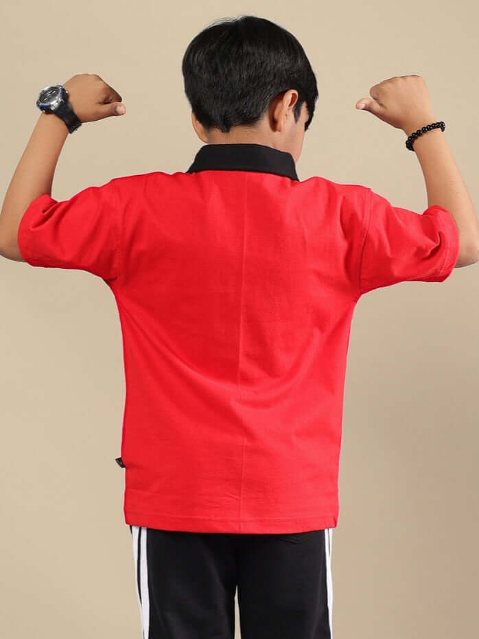 Child wearing DORIC SHIRT FOR BOYS & GIRLS RED BLACK, showcasing back design, highlighting sporty and modern streetwear style.