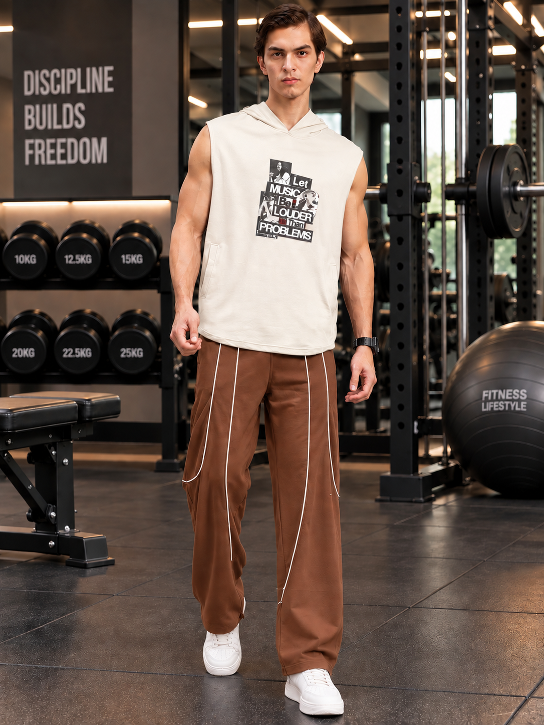 Man in gym wearing DRAWSTRING FIT COTTON TERRY JOGGERS BROWN with sleeveless hoodie and white sneakers
