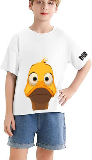 Child wearing DUCK FACE T-SHIRT FOR BOYS AND GIRLS WHITE with playful duck graphic, ideal for kids' stylish and fun outfits.