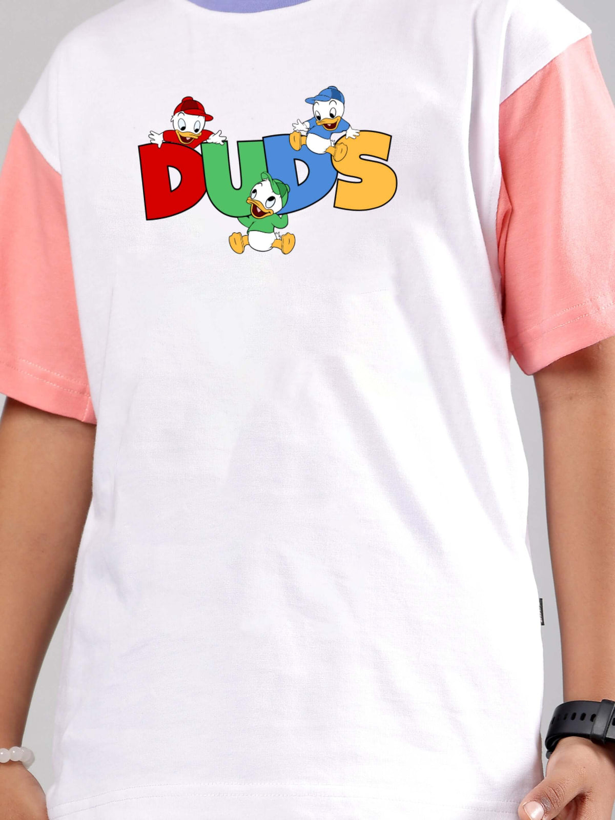 DUCK PLAY CO-ORD FOR BOYS GIRLS WHITE LAVENDER with fun duck print tee and pink sleeves for kids