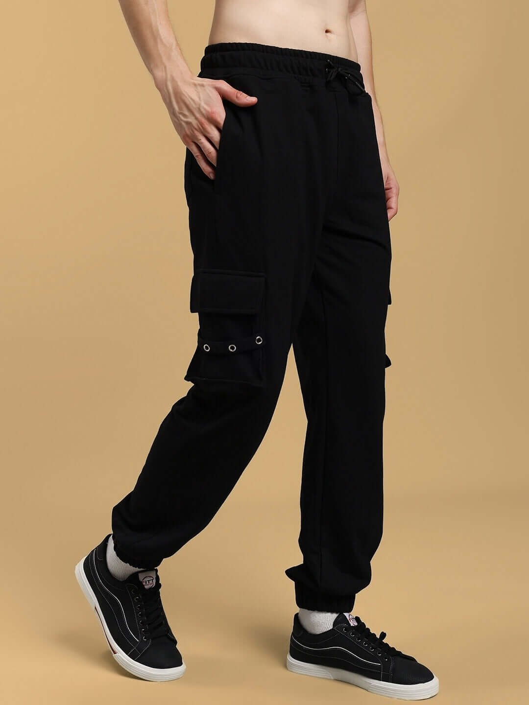 DUDS Commando Joggers in black, custom fit available, tailored by skilled DUDS tailors, shown on model, side pocket detail.