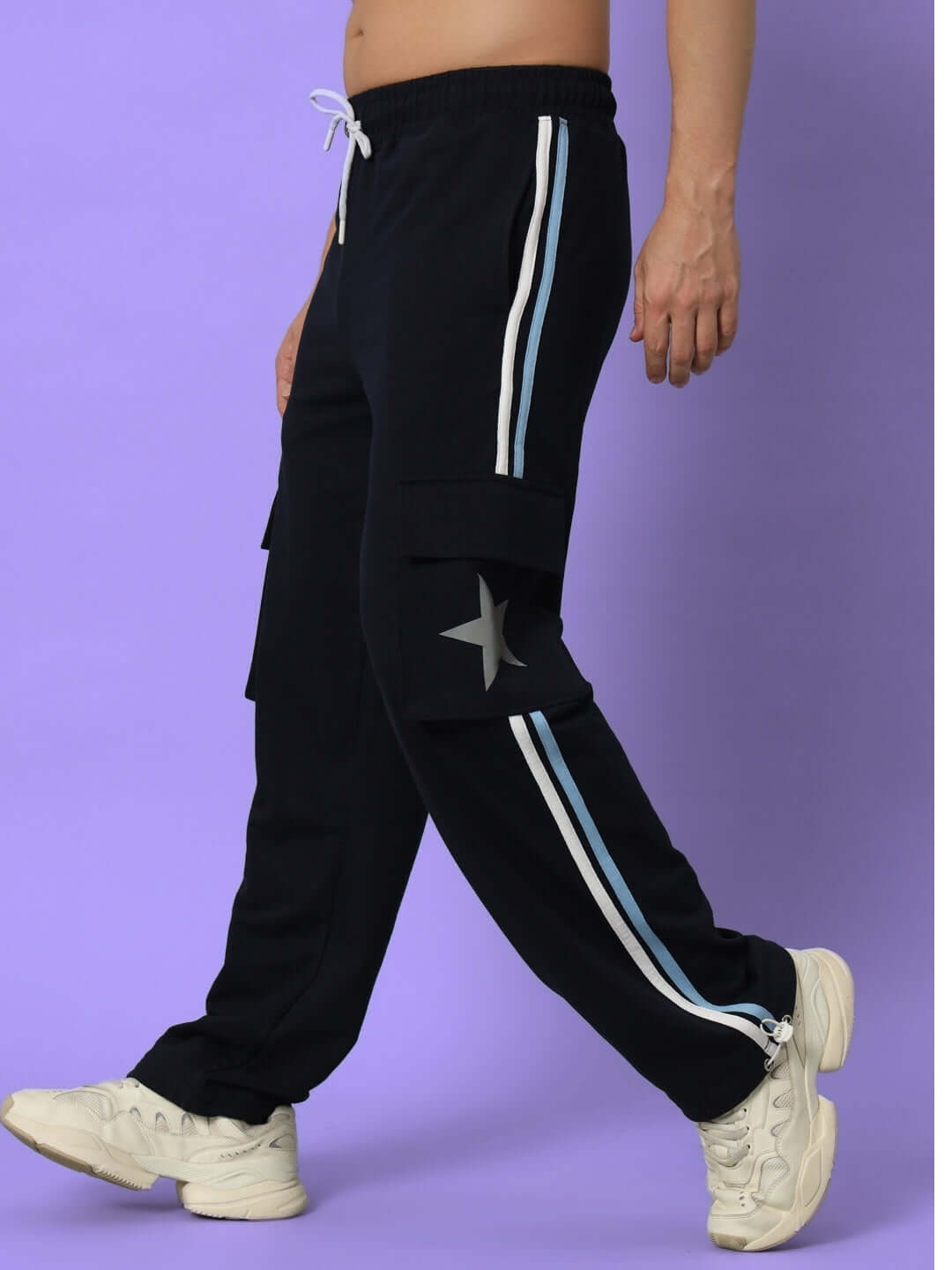Navy blue joggers with side stripes and cargo pockets, crafted for comfort and style, available for custom fit orders at DUDS.
