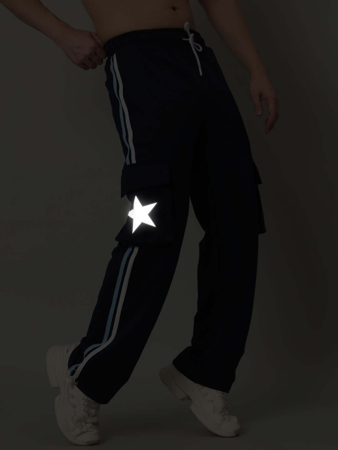 Navy blue DUDS FORCE joggers featuring reflective star and side stripes, made-to-order with optional custom fit. Stylish and comfortable.