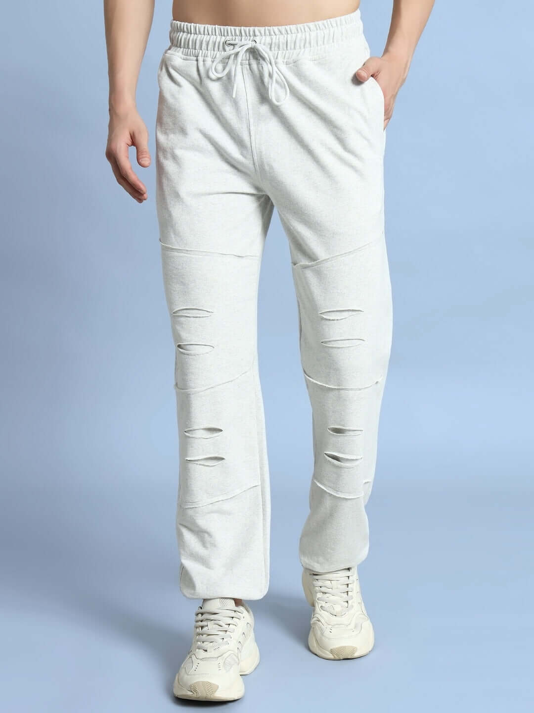 DUDS Graze Joggers in melange grey with customizable fit options, featuring a stylish ripped design, perfect for modern comfort.