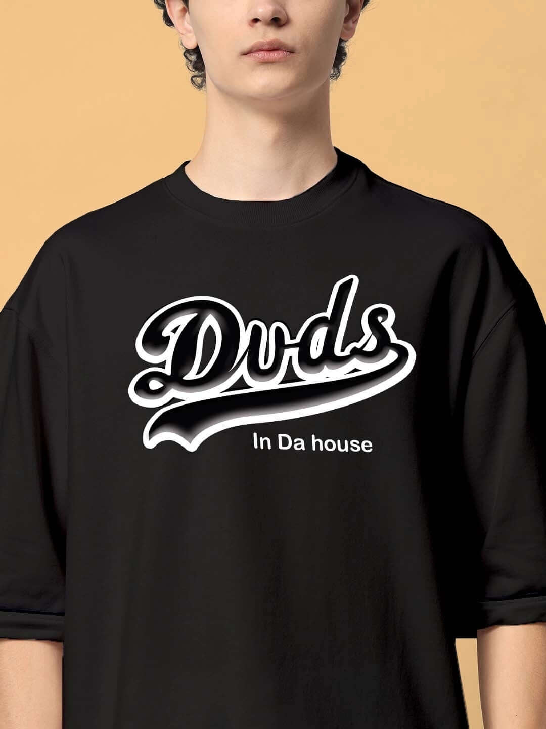 Man wearing black 'Duds In Da House' colorblock co-ord set with premium cotton fabric, perfect for casual style.