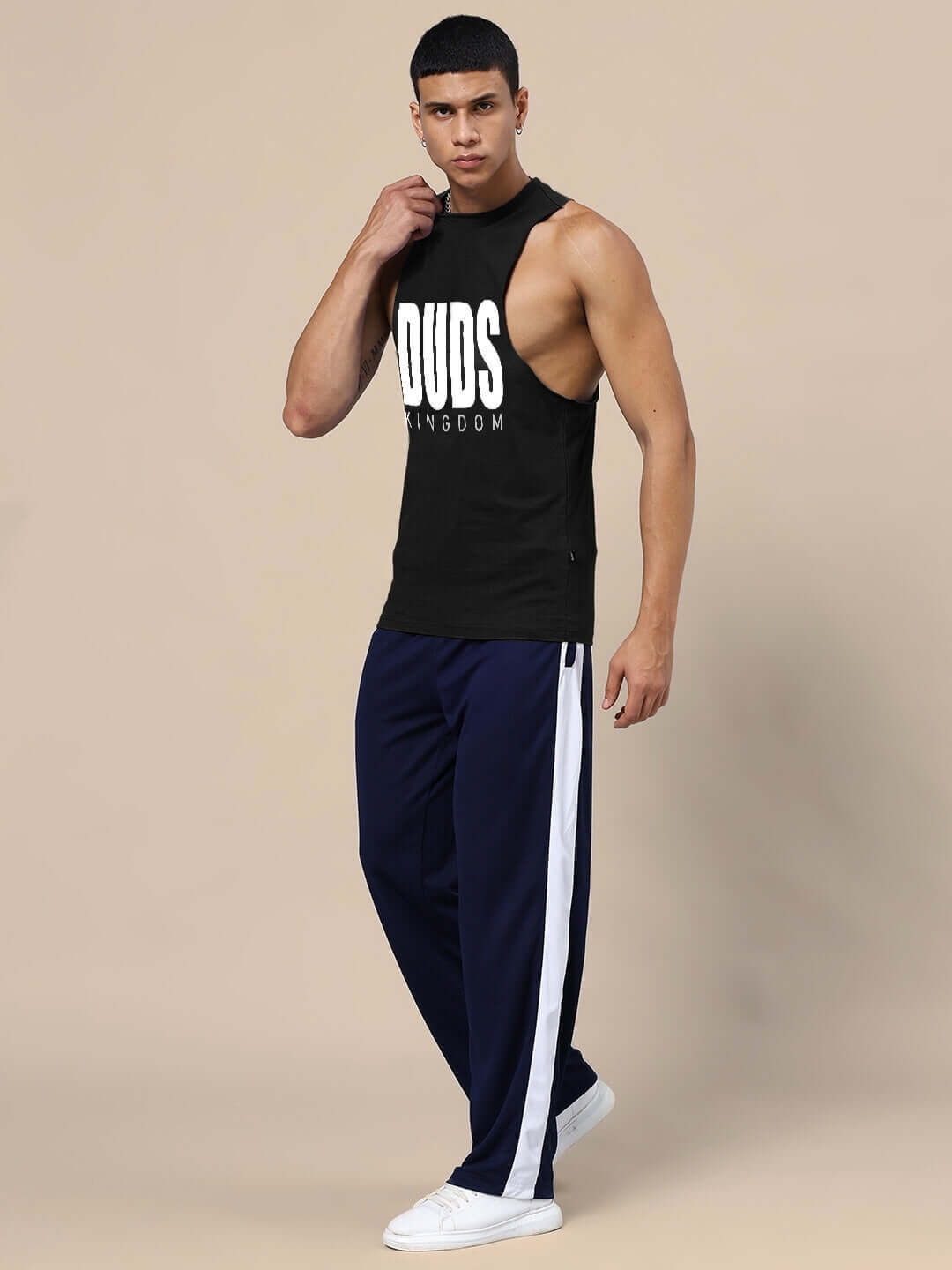 DUDS KINGDOM GYM CO-ORD SET BLACK NAVY-BLUE unisex relaxed fit joggers with elasticated waistband and black tank top shown on model.