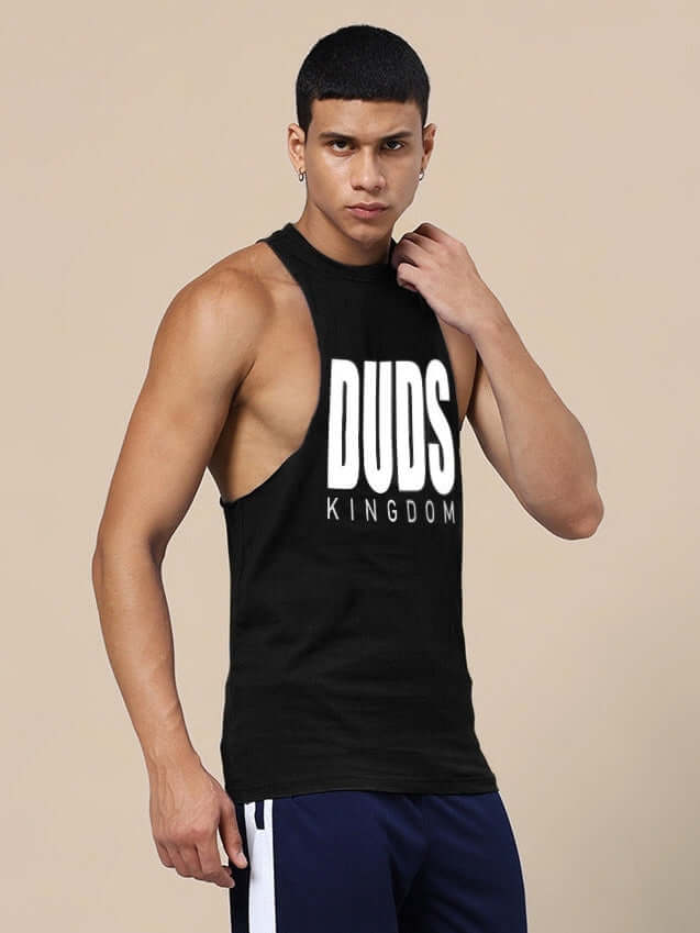 Black sleeveless DUDS KINGDOM GYM T-SHIRT worn by model, showcasing athletic style and custom fit options
