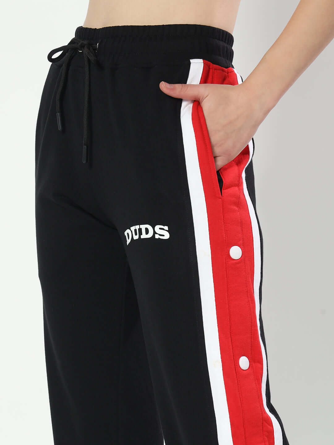 DUDS Black Magician Jogger for Women with Red and White Side Stripes, Custom Fit Available