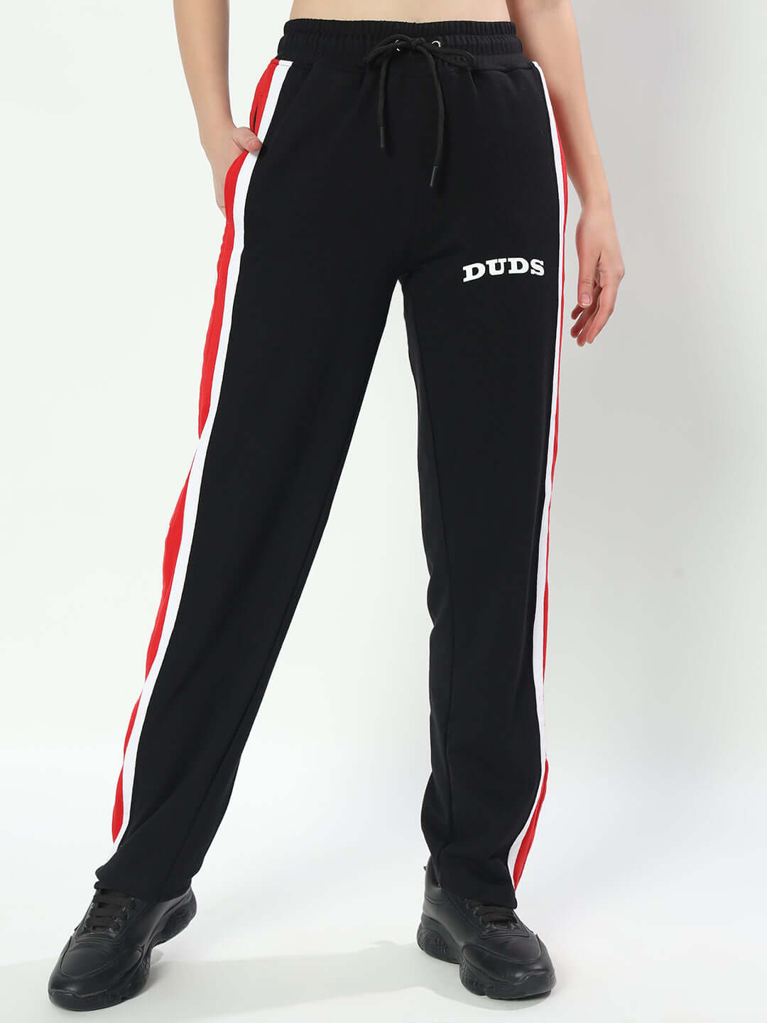 Black women's jogger pants with red and white stripes by DUDS, featuring a customizable fit option for tailored comfort.