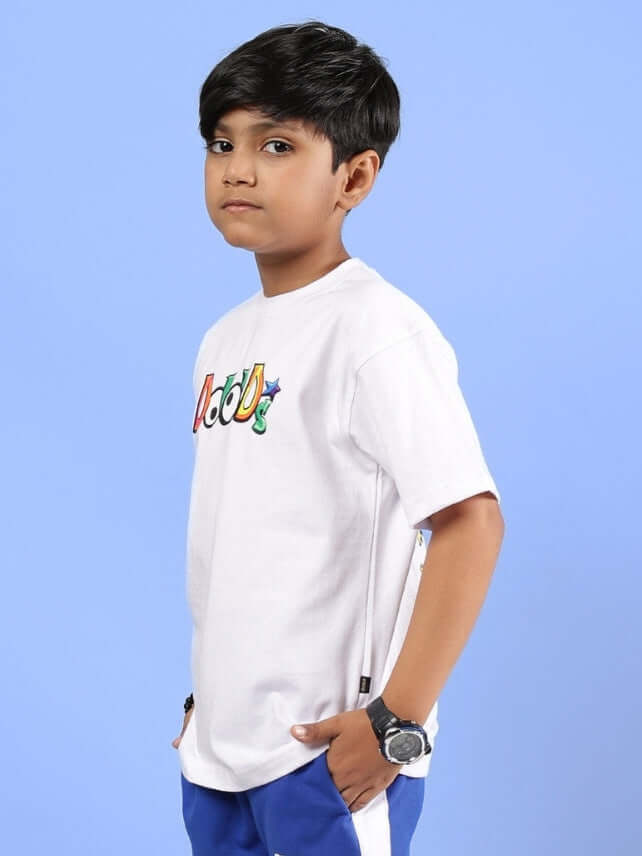 Boy wearing DUDS MONSTER T-SHIRT FOR BOYS & GIRLS WHITE, side view