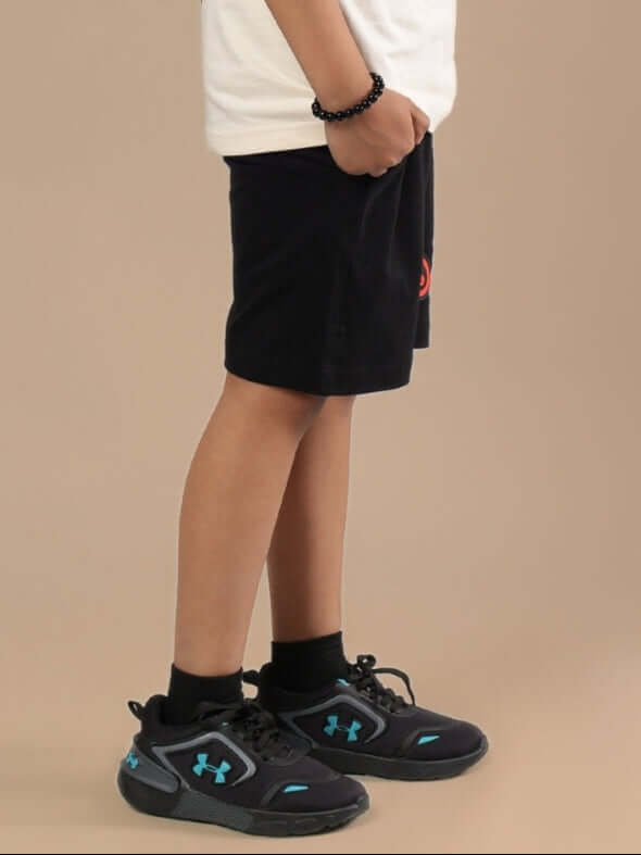 Alt Tag: DUDS MOUSE SHORTS FOR BOYS & GIRLS BLACK, customizable and comfortable fit, ideal for both boys and girls, shown in side view.