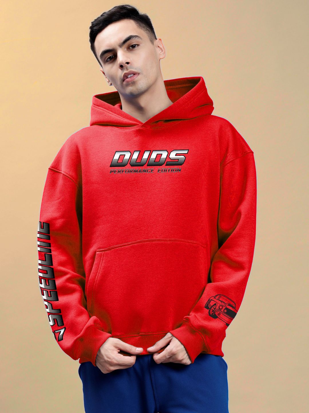 Model wearing DUDS PERFORMANCE MUSTANG PRINTED HOODIE RED showcasing Mustang graphic and bold design