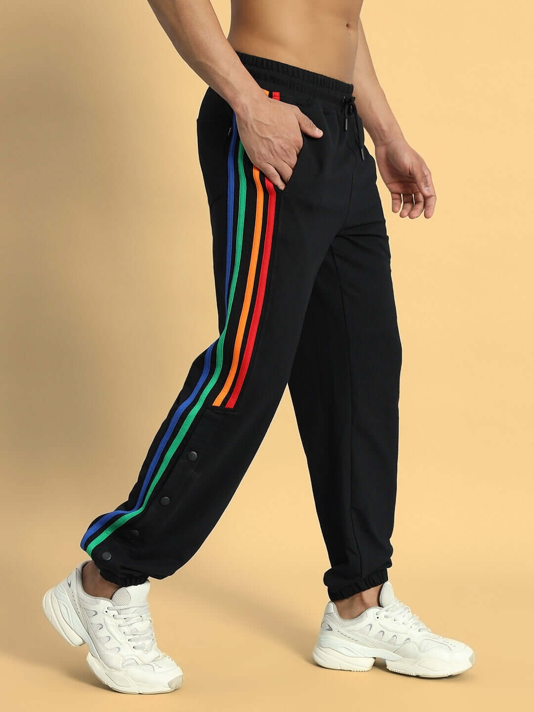 Alt Tag: DUDS Prism Colorful Stripe Black Joggers with vibrant rainbow side stripes, customizable fit option available.