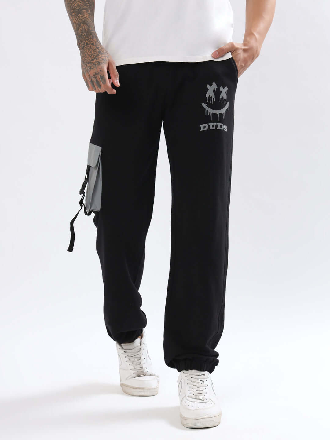 Black DUDS Smiley Reflector Cargo Jogger with customizable fit, styled with side pocket for a trendy and comfortable look.