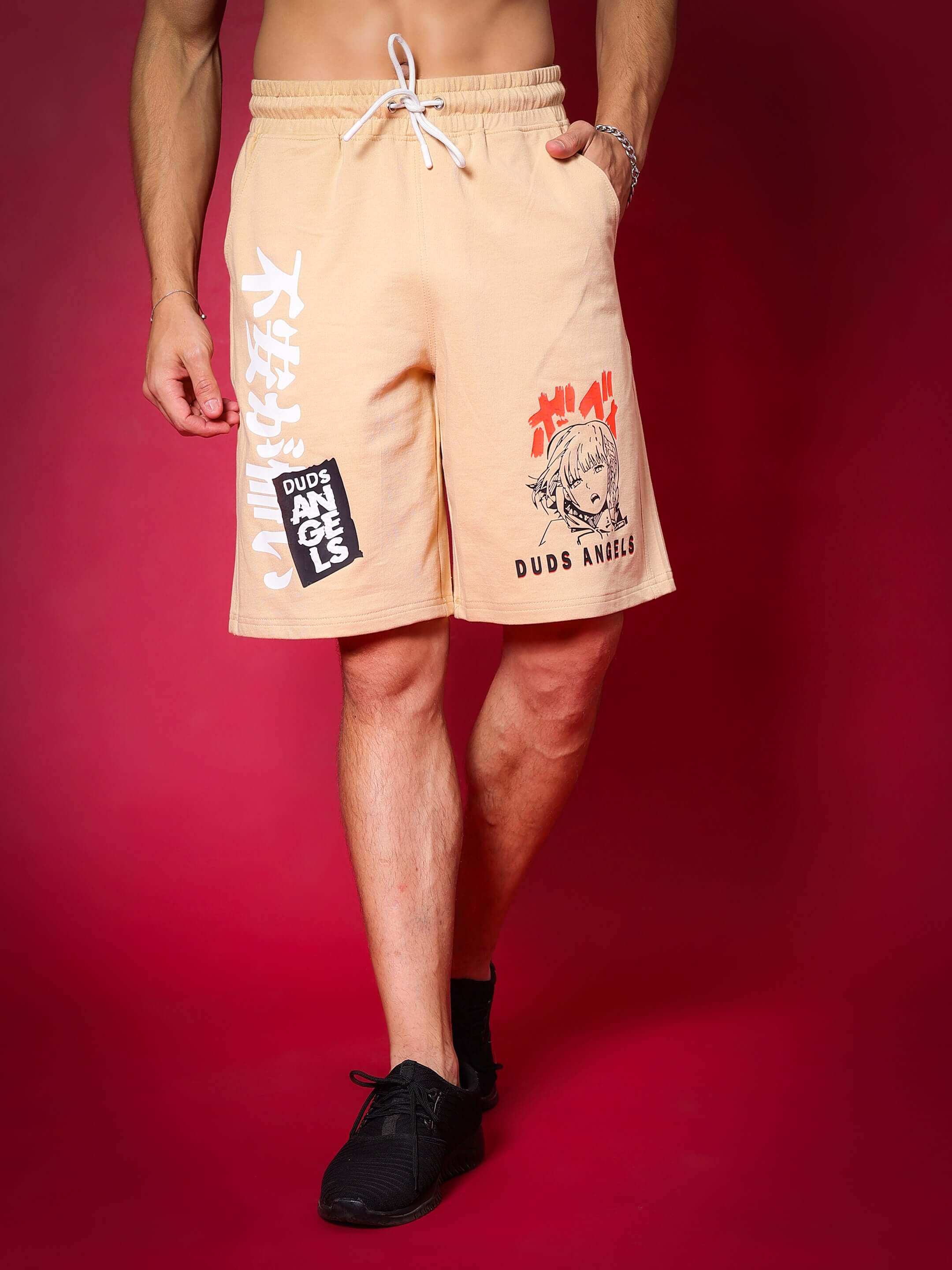 Light orange DUDS Anime Girl Regular Fit Shorts featuring unique graphics, perfect for customizable fit and stylish comfort.