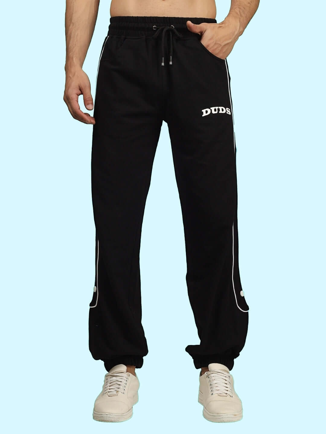 Black DUDS Moon Night Joggers with drawstring waist, custom fit option available, made by experienced tailors, shipping 7-10 days.