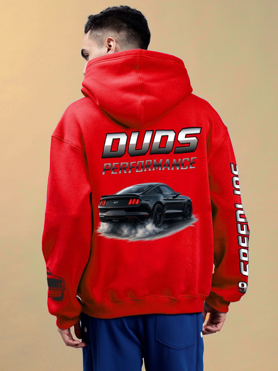 DUDS PERFORMANCE MUSTANG PRINTED HOODIE RED with Mustang graphic shown from back view