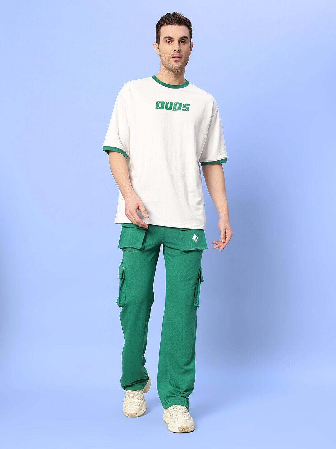 Man wearing Easton Cotton Co-Ord Set green-white, casual unisex outfit with cotton t-shirt and pants, suitable for active style.