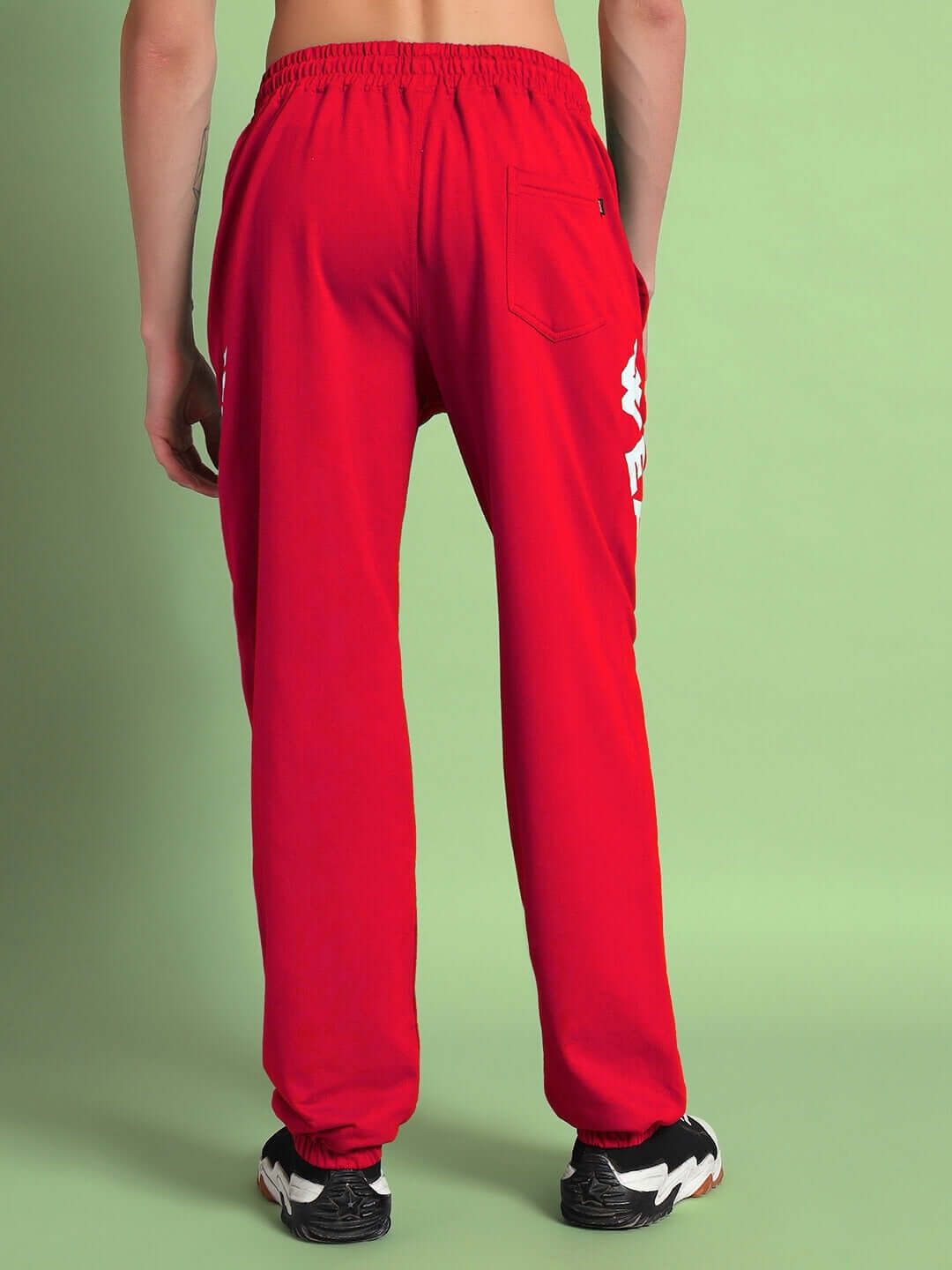 Back view of Ellen Relaxed Fit Jogger in red with elastic waist and custom fit option.