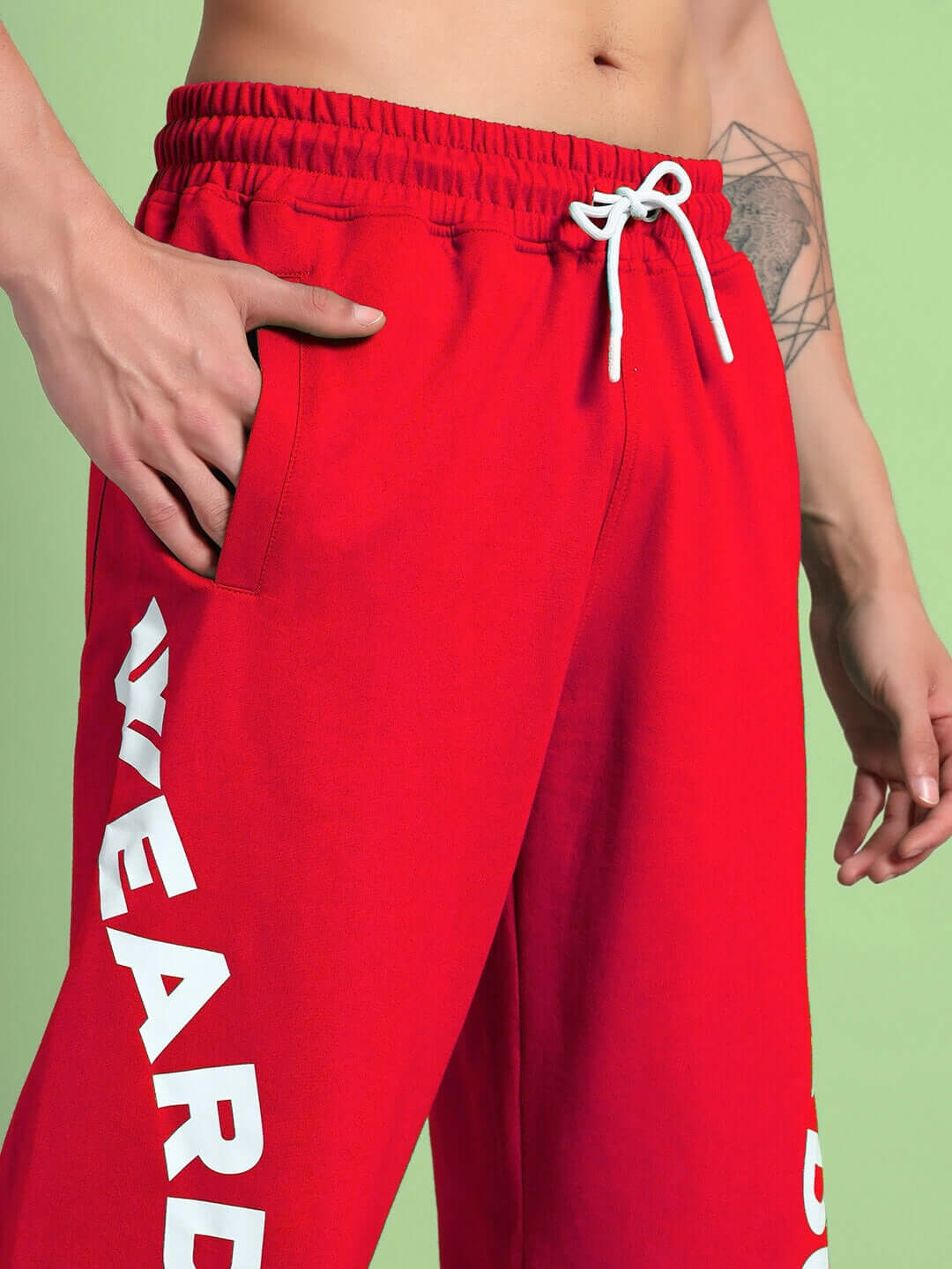 Close-up of red Ellen Relaxed Fit Jogger with drawstring, showcasing casual style and custom fit option by DUDS.
