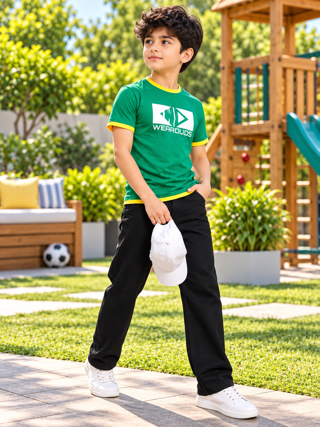 ELMER REGULAR FIT T-SHIRT FOR BOYS GIRLS GREEN worn by boy outdoors with black pants and white cap