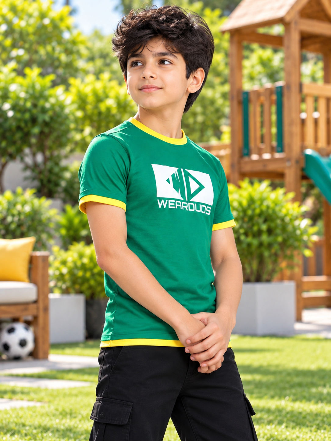 ELMER REGULAR FIT T-SHIRT FOR BOYS GIRLS GREEN with yellow trim, worn by boy outdoors in playground setting