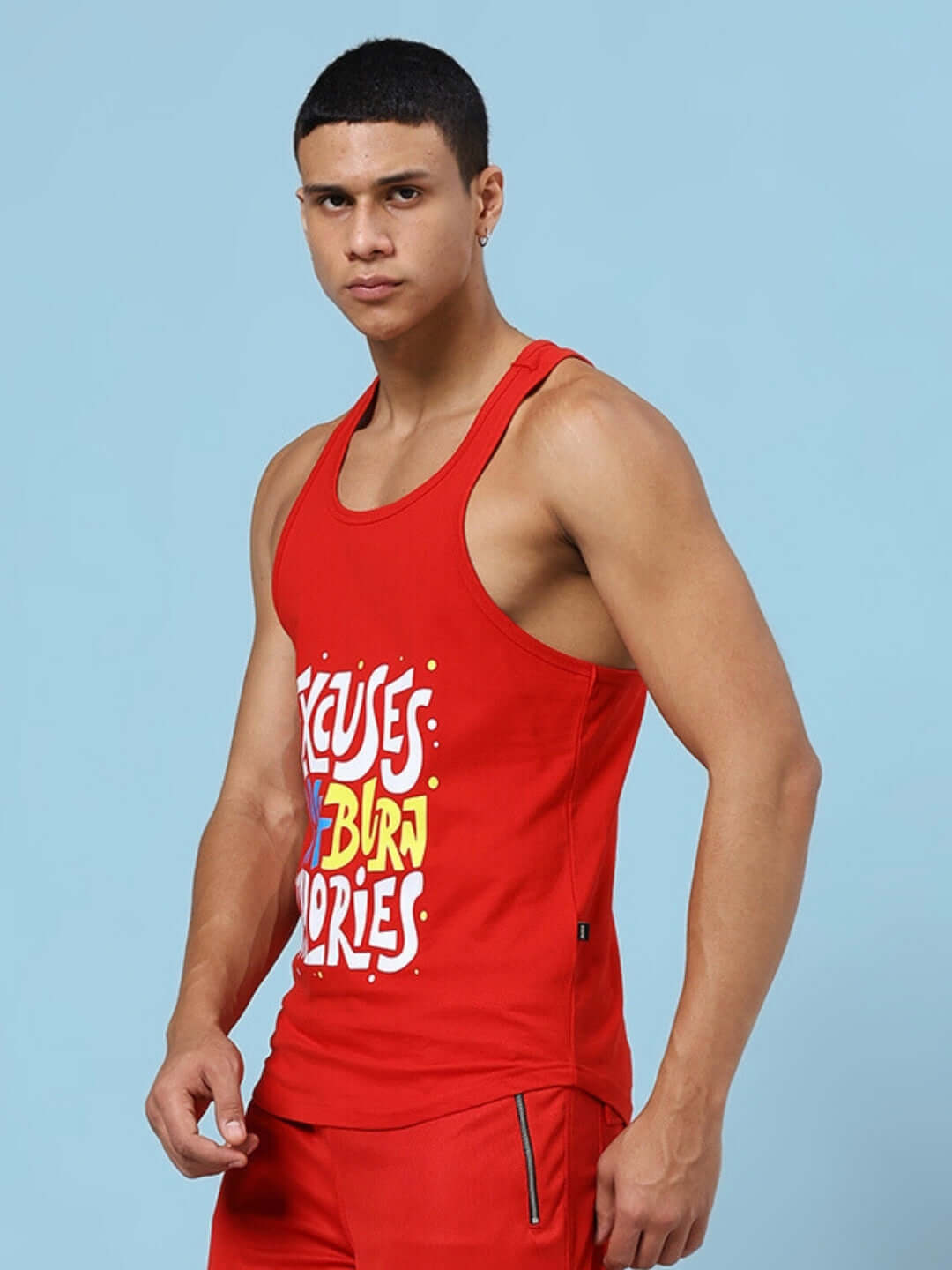 EXCUSES DON'T BURN CALORIES PRINTED GYM T-SHIRT RED, men’s sleeveless athletic top