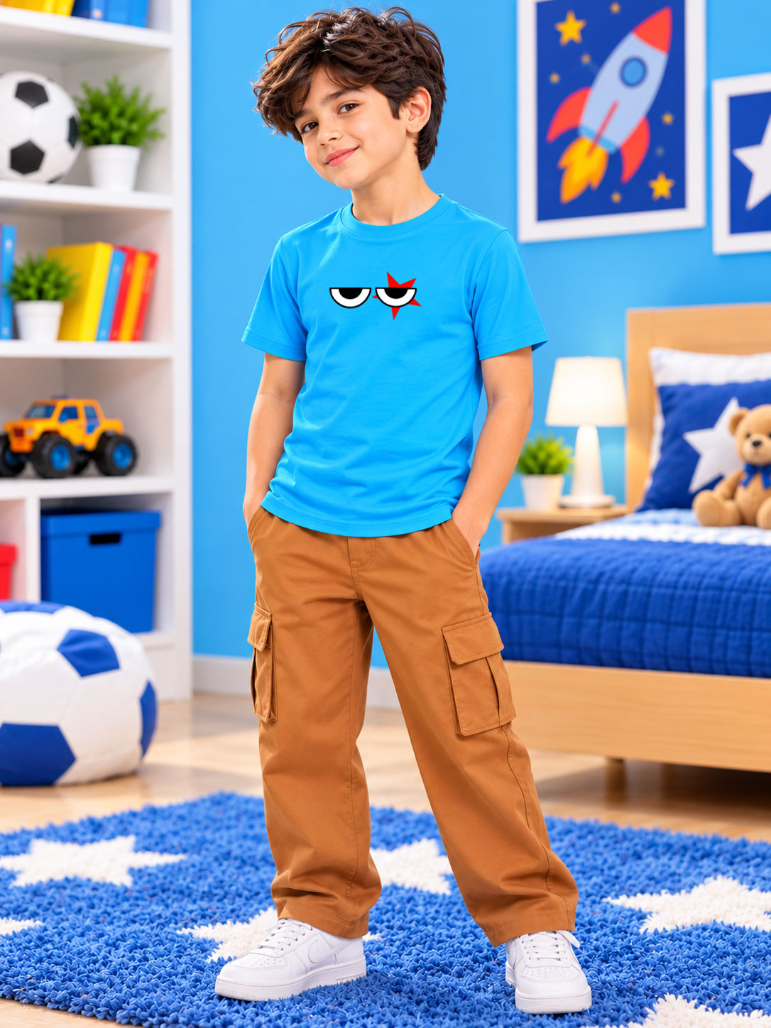 EYE PRINT T-SHIRT FOR BOYS & GIRLS BLUE styled with cargo pants for trendy casual kids streetwear look