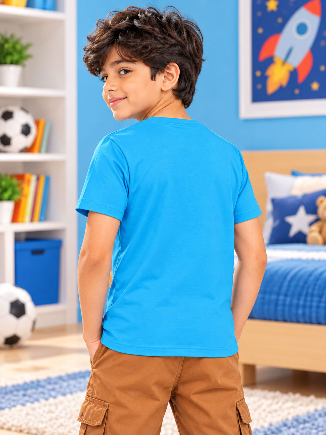 EYE PRINT T-SHIRT FOR BOYS & GIRLS BLUE worn by smiling boy in trendy bedroom setting