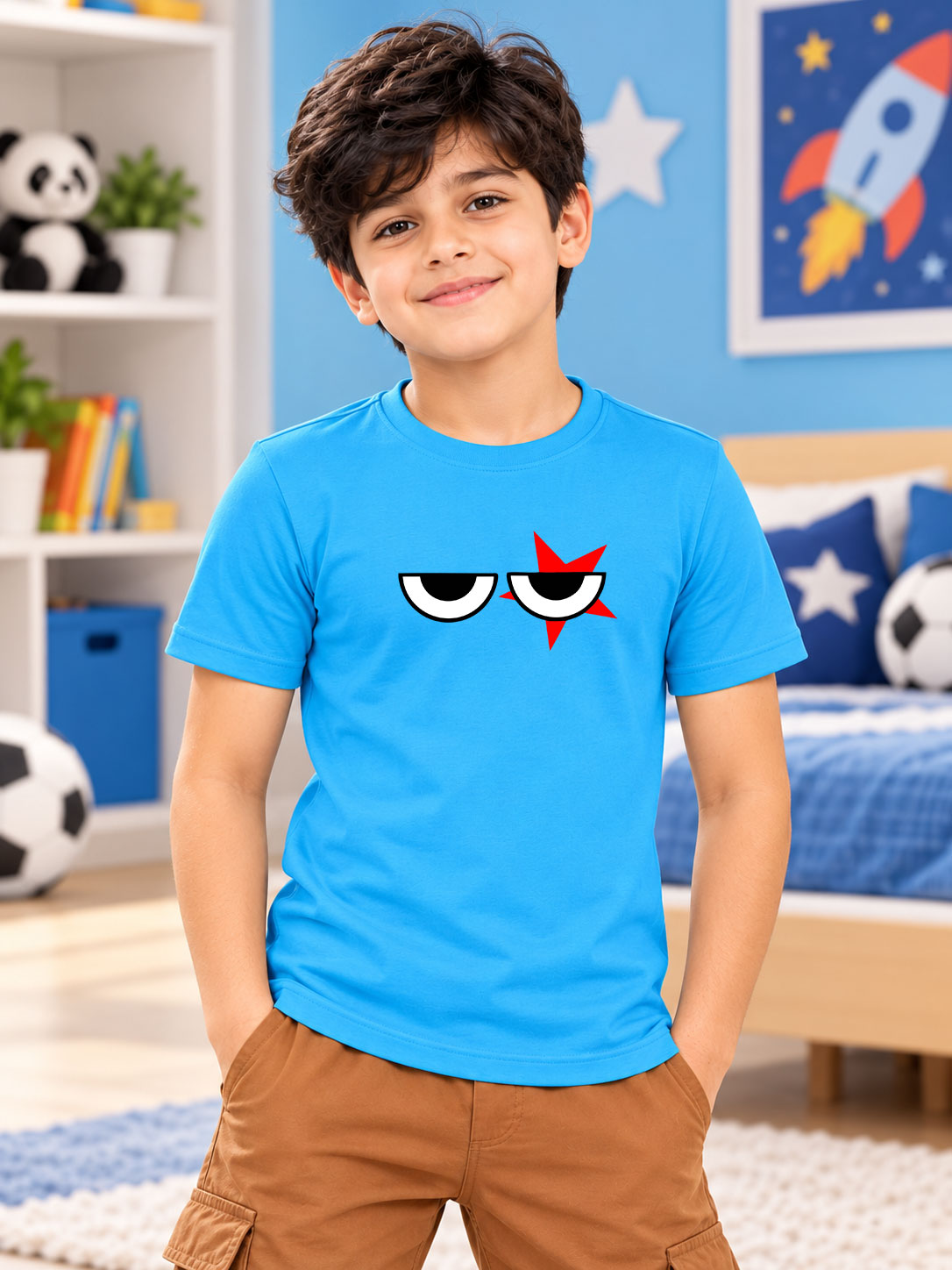 EYE PRINT T-SHIRT FOR BOYS & GIRLS BLUE worn by smiling boy in cozy bedroom setting