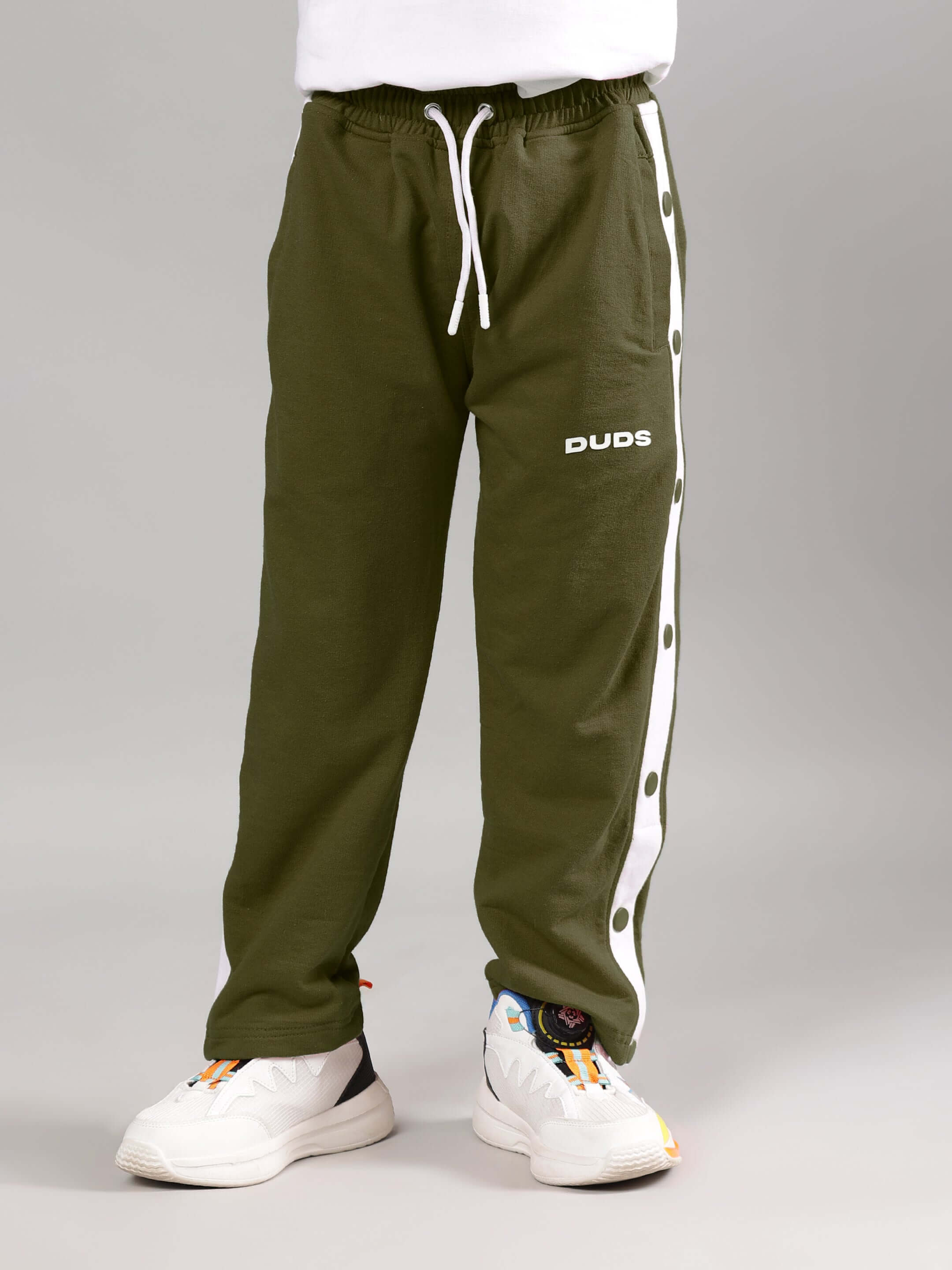 EZEL JOGGER FOR BOYS & GIRLS OLIVE GREEN with side stripes, made by DUDS, customizable fit available.