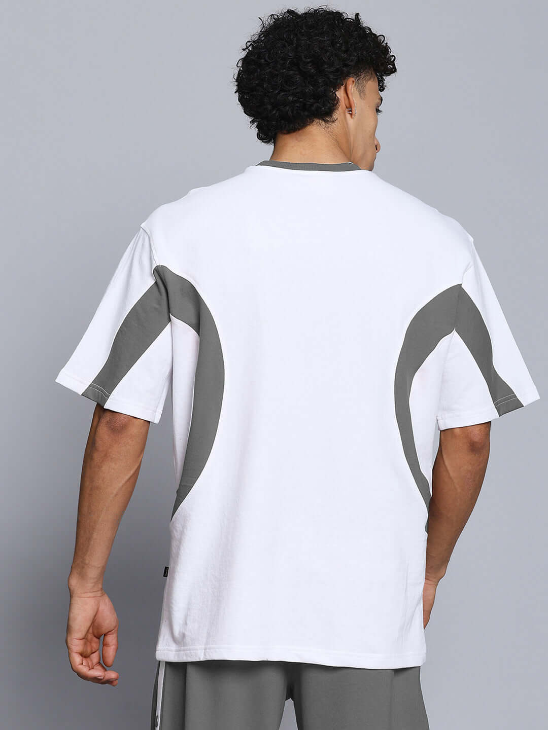 Rear view of EZEL RELAXED FIT CO-ORD SET WHITE-GREY showing unisex relaxed fit and premium heavy gauge fabric.