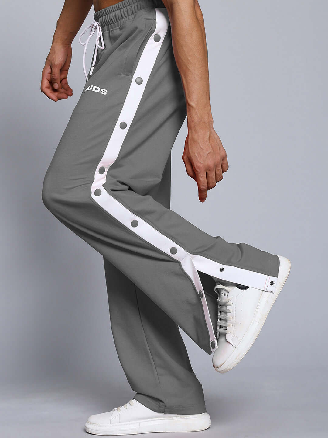 EZEL RELAXED FIT CO-ORD SET WHITE-GREY joggers with red and white contrast panels, featuring elasticated waistband and drawstring.
