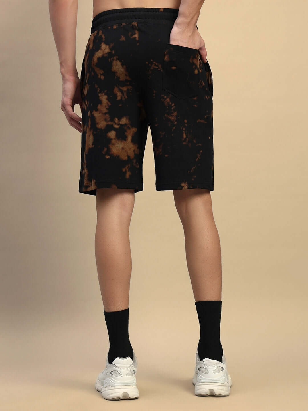 Back view of black tie-dye shorts from FEEL GOOD CO-ORD SET in premium cotton fabric, showcasing stylish design and comfortable fit.