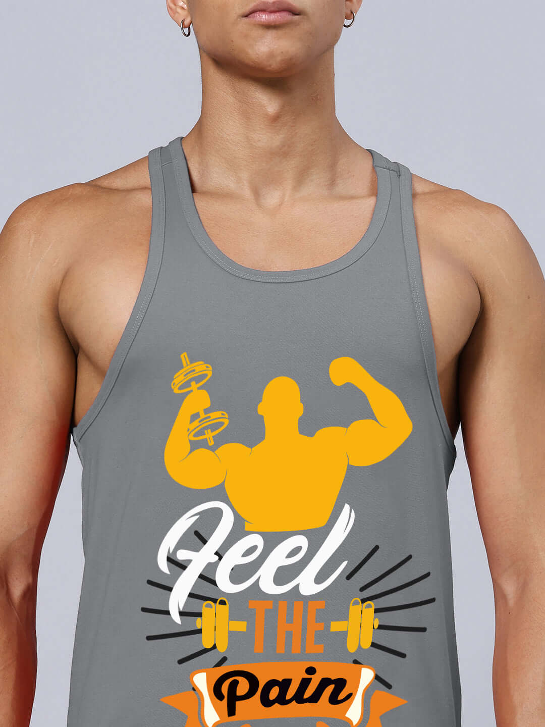 FEEL THE PAIN PRINTED GYM T-SHIRT GREY featuring motivational bodybuilding design