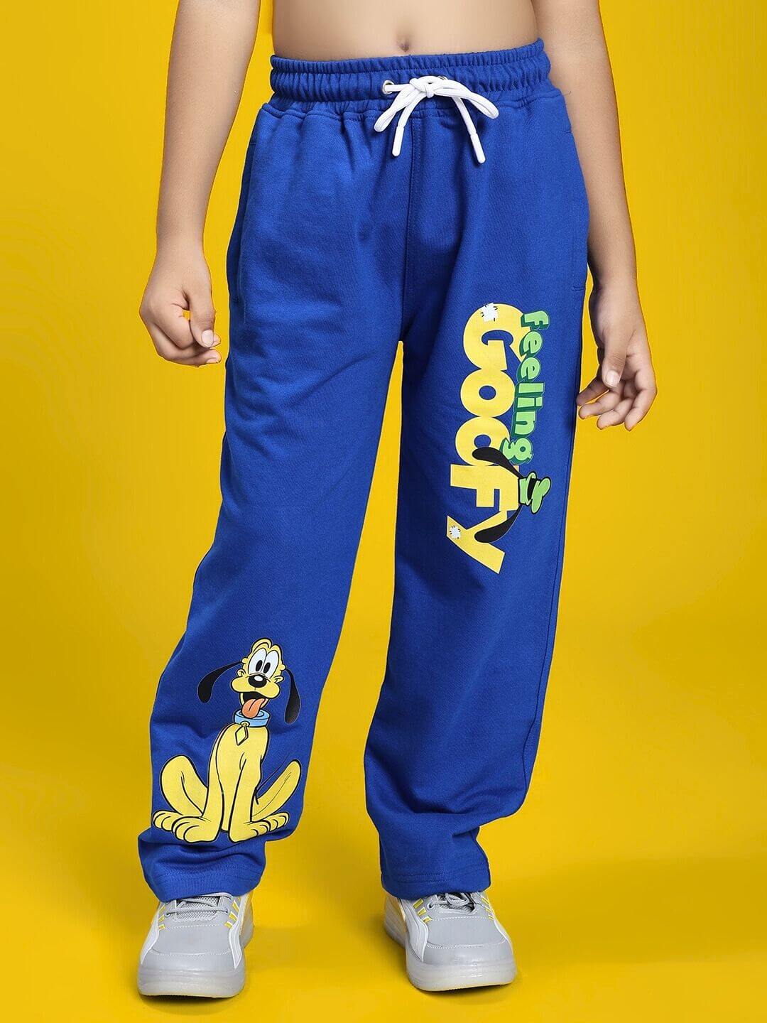 FEELING GOOFY JOGGER FOR BOYS AND GIRLS BLUE with cartoon design on yellow background