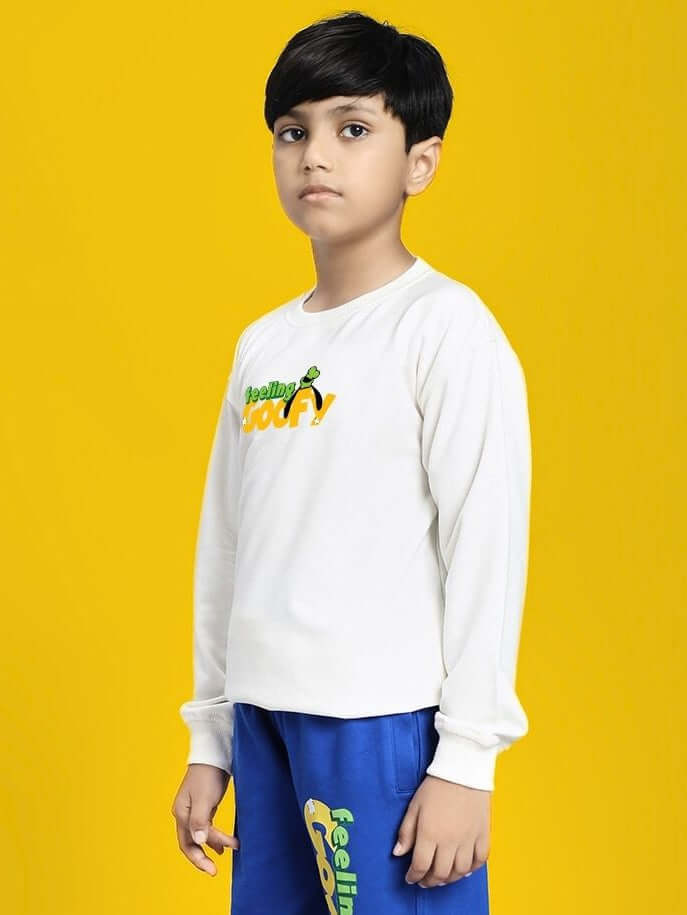 Child wearing FEELING GOOFY SWEATSHIRT FOR BOYS AND GIRLS WHITE against yellow background