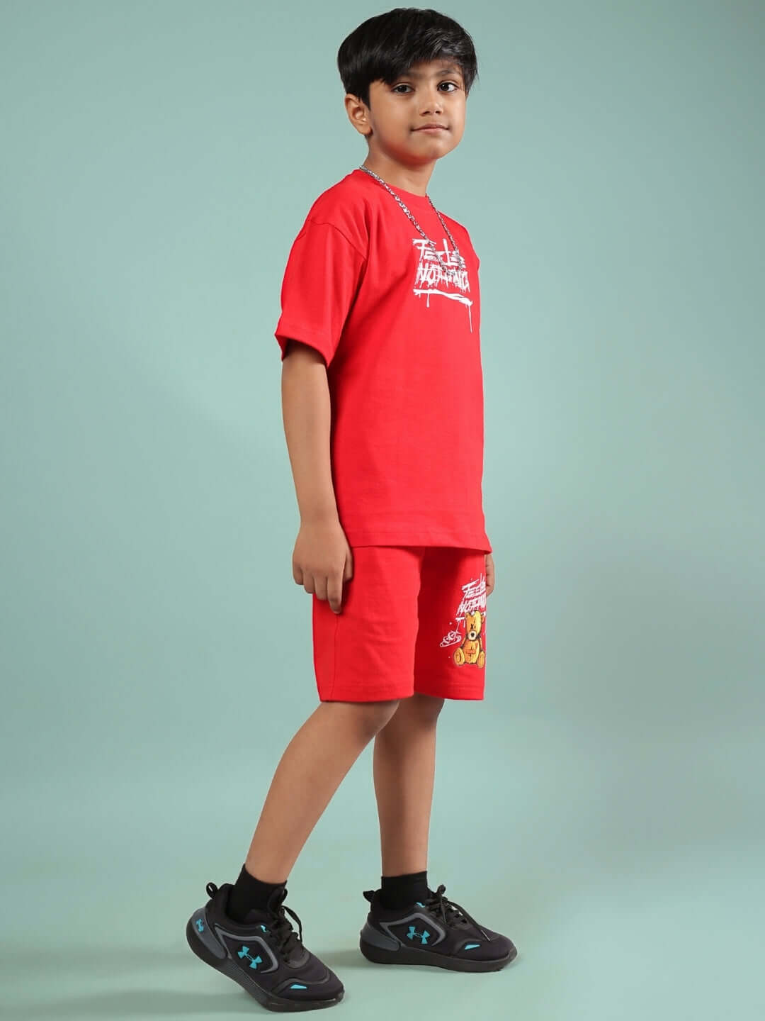 Alt Tag: Child wearing FEELS NOTHING CO-ORD FOR BOYS & GIRLS RED outfit, showcasing casual design ideal for both boys and girls.